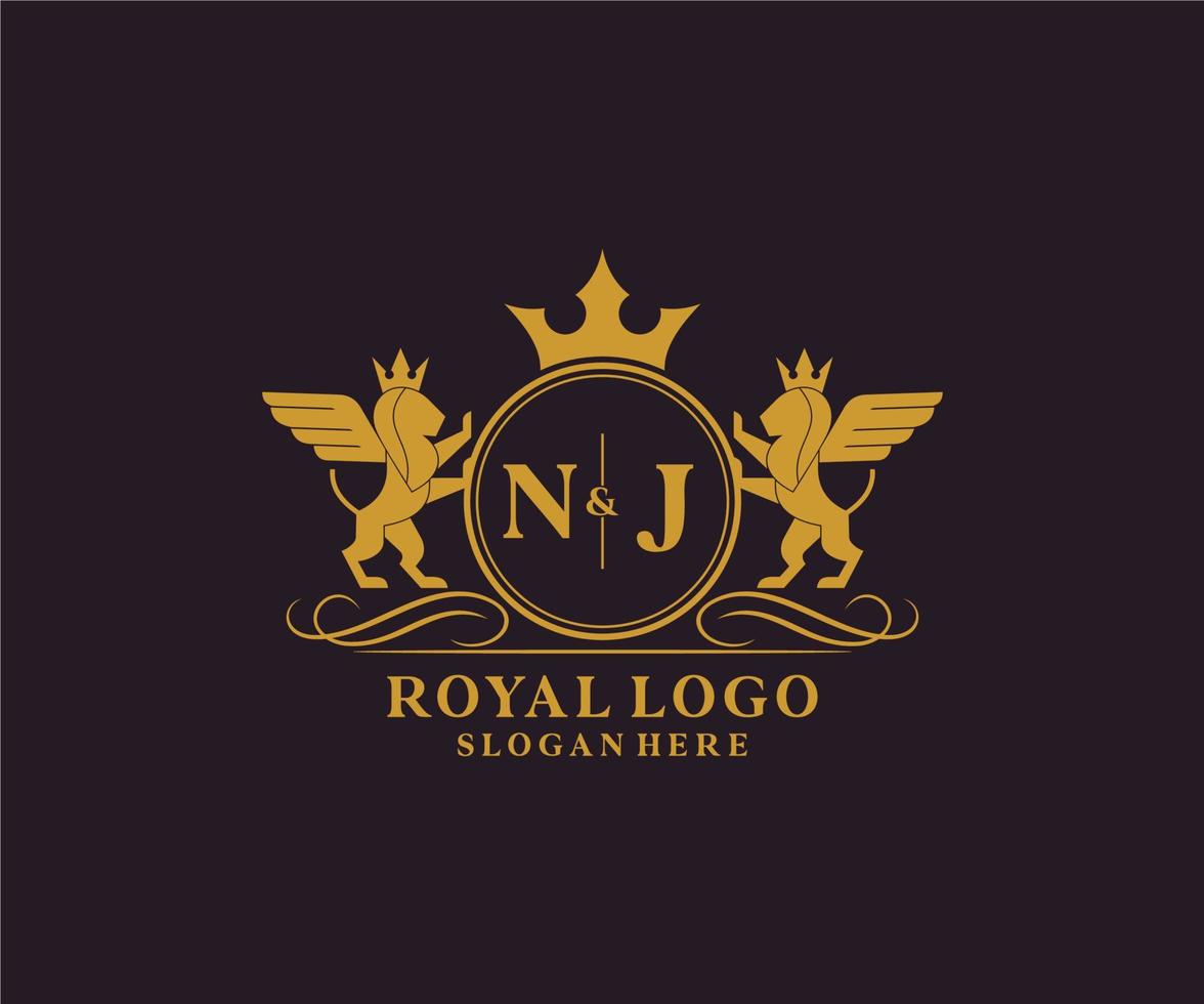 första nj brev lejon kunglig lyx heraldisk, vapen logotyp mall i vektor konst för restaurang, kungligheter, boutique, Kafé, hotell, heraldisk, Smycken, mode och Övrig vektor illustration.