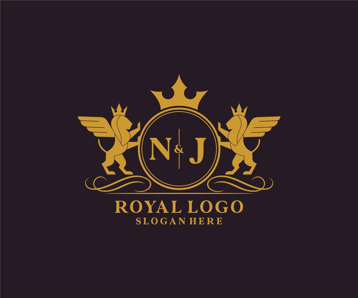 Initiale NJ Brief Löwe königlich Luxus heraldisch, Wappen Logo Vorlage im Vektor Kunst zum Restaurant, Königtum, Boutique, Cafe, Hotel, heraldisch, Schmuck, Mode und andere Vektor Illustration.