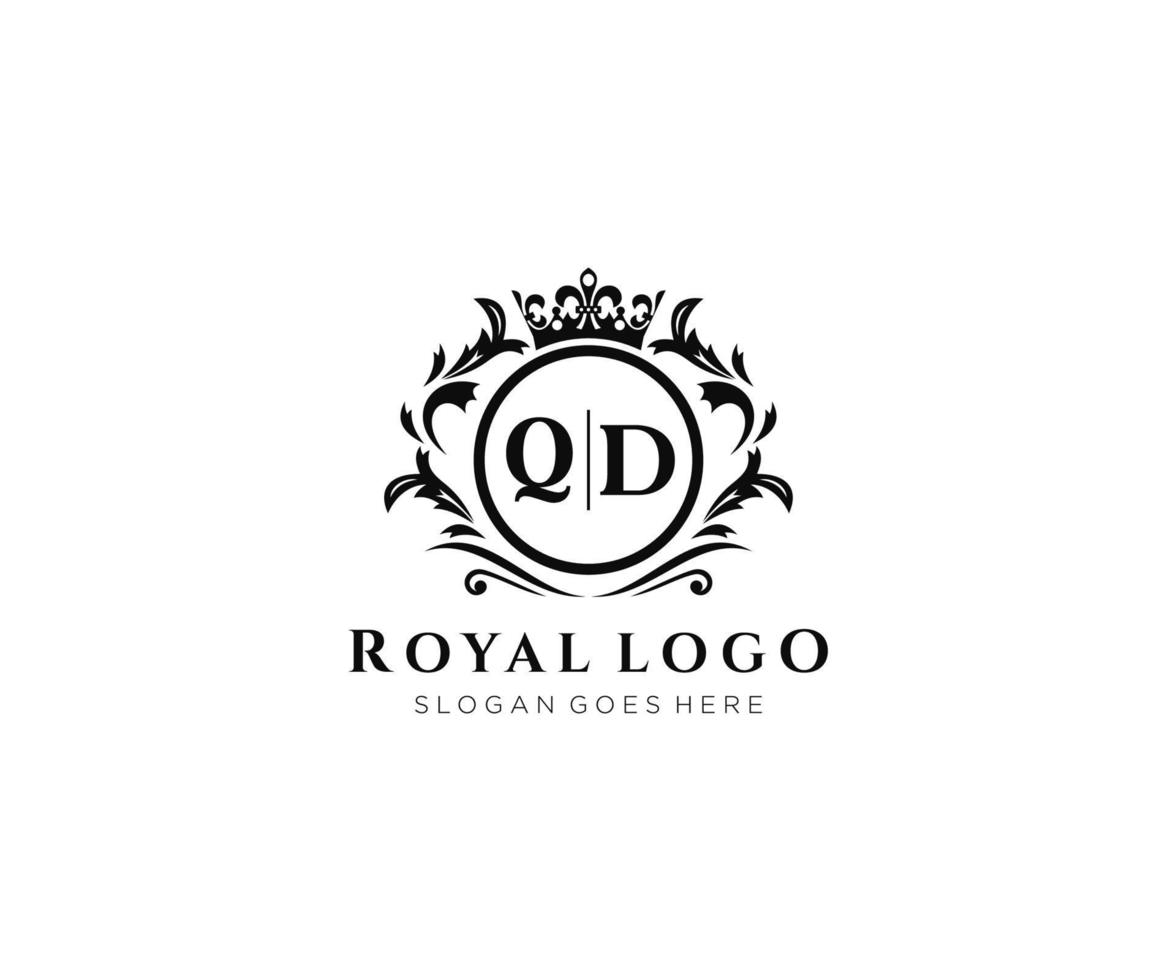 första qd brev lyxig varumärke logotyp mall, för restaurang, kungligheter, boutique, Kafé, hotell, heraldisk, Smycken, mode och Övrig vektor illustration.