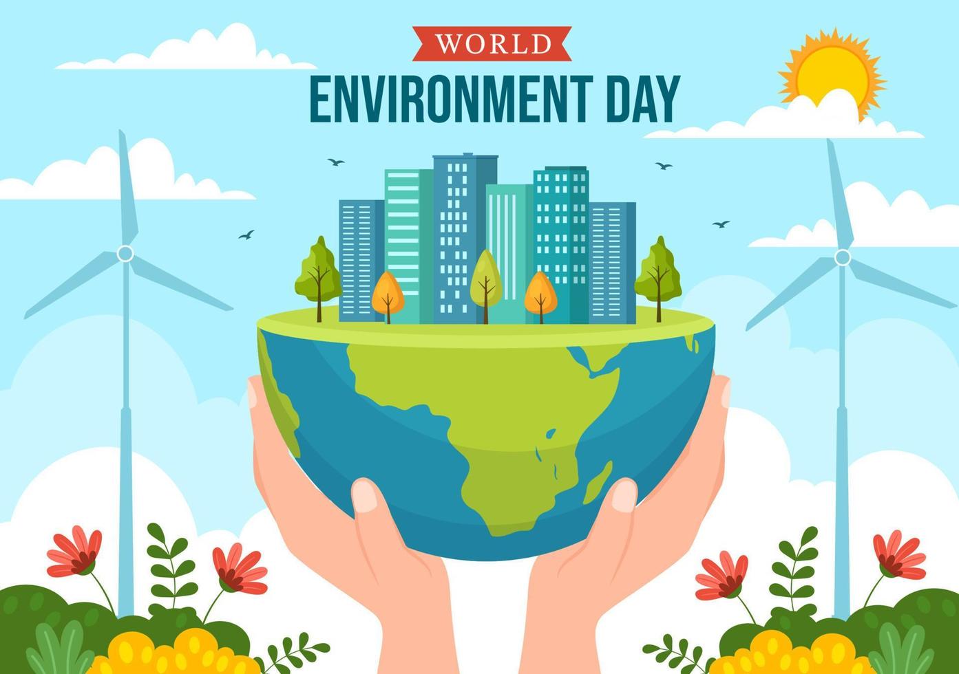 värld miljö dag illustration med grön träd och djur i skog för spara de planet eller tar vård av de jord i hand dragen mallar vektor