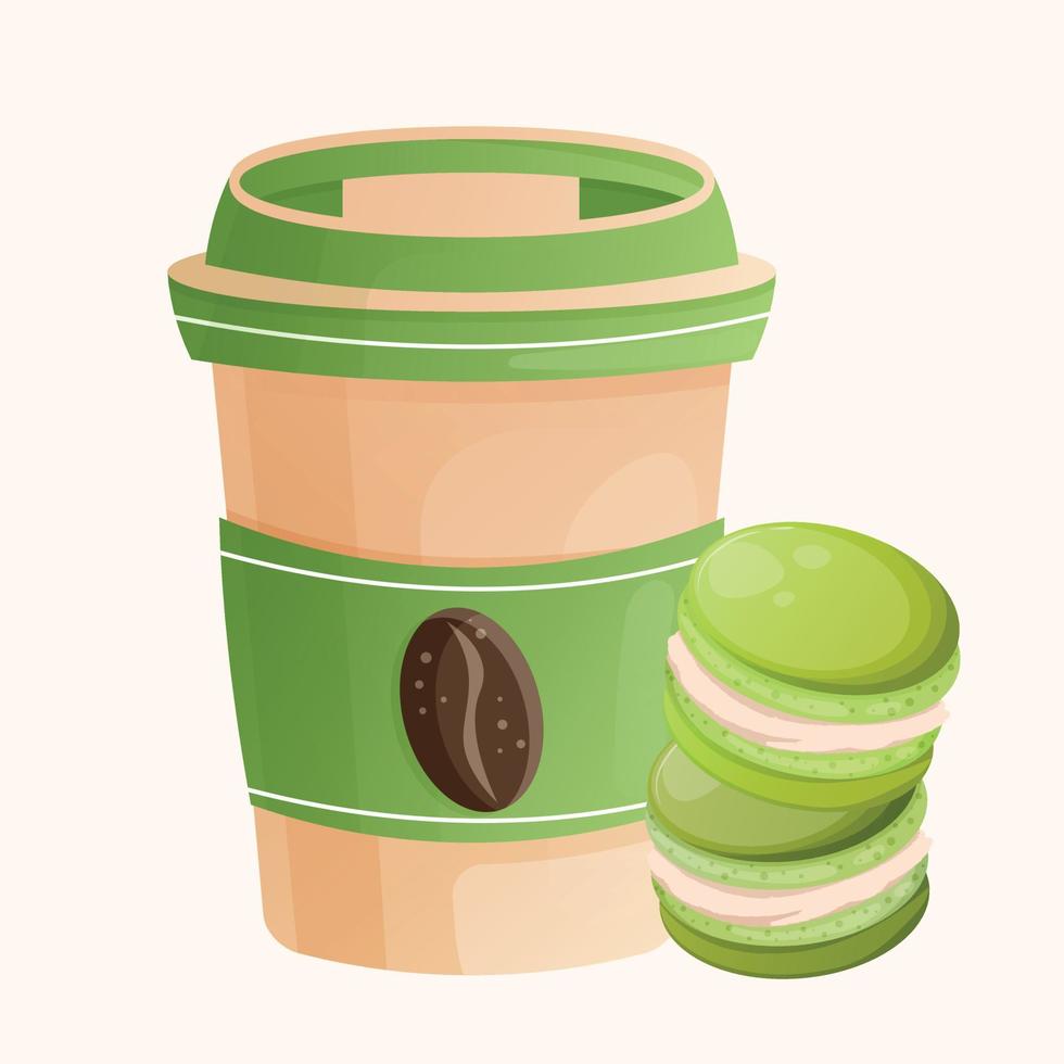 Öko Grün Papier Tasse von Kaffee mit Kaffee Bohne Illustration und zwei Apfel und Pistazie Macaron. Poster zum Kaffee Haus. süß Karton Kaffee Illustration zum Konditor oder Gebäck Geschäft mit Dessert vektor