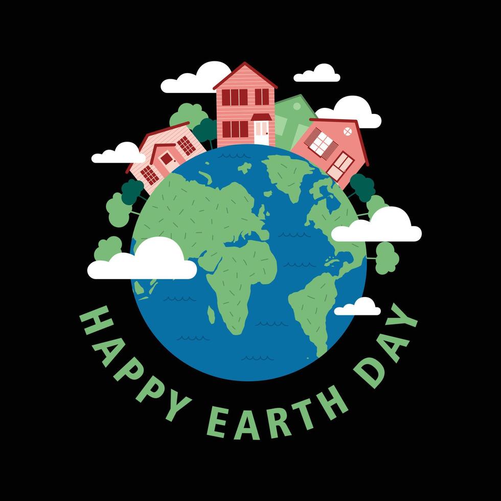 Lycklig jord dag. vektor illustration av jorden, moln, hus, och träd