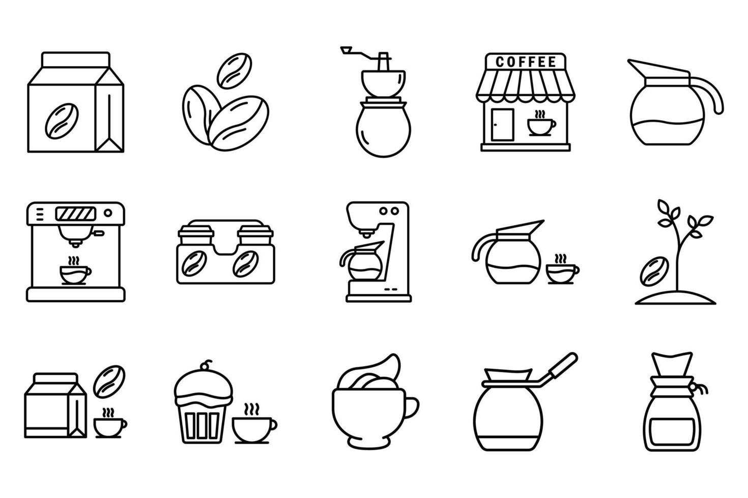 kaffe element uppsättning ikon illustration. linje ikon stil. kaffe maskin, kaffe affär, kaffe pott, kvarn, kaffe bönor, espresso, grädde och andra. enkel vektor design redigerbar