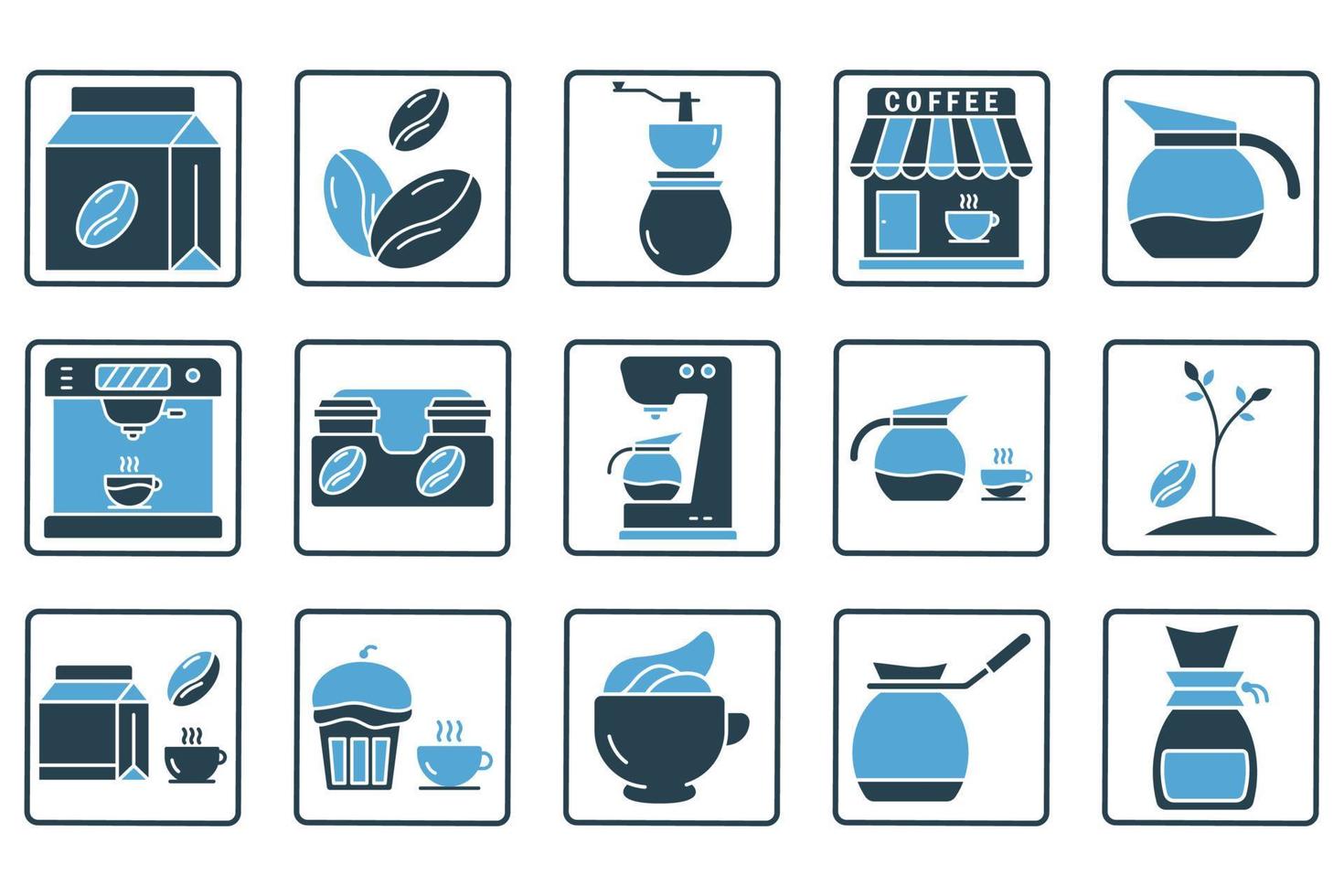 kaffe element uppsättning ikon illustration. fast ikon stil. kaffe maskin, kaffe affär, kaffe pott, kvarn, kaffe bönor, espresso, grädde och andra. enkel vektor design redigerbar