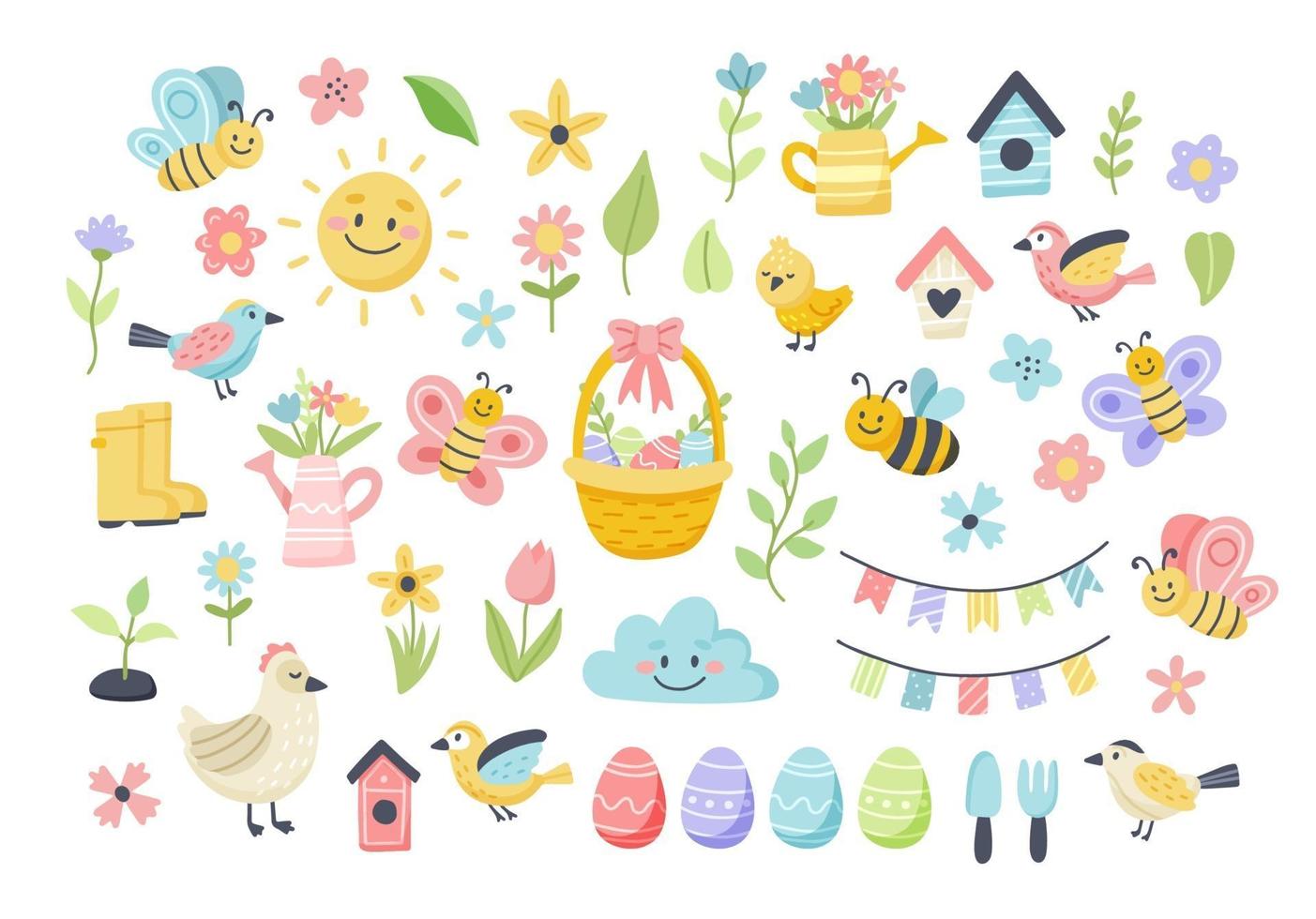 påsk vår med söta ägg, fåglar, bin, fjärilar. handritad platt tecknad element. vektor illustration