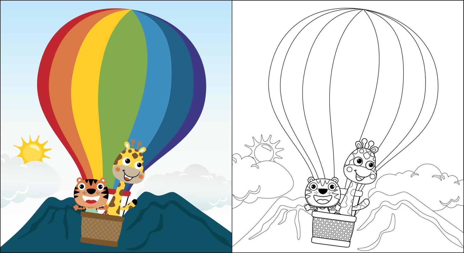 vektor tecknad serie av rolig tiger med giraff på varm luft ballong, färg bok eller sida