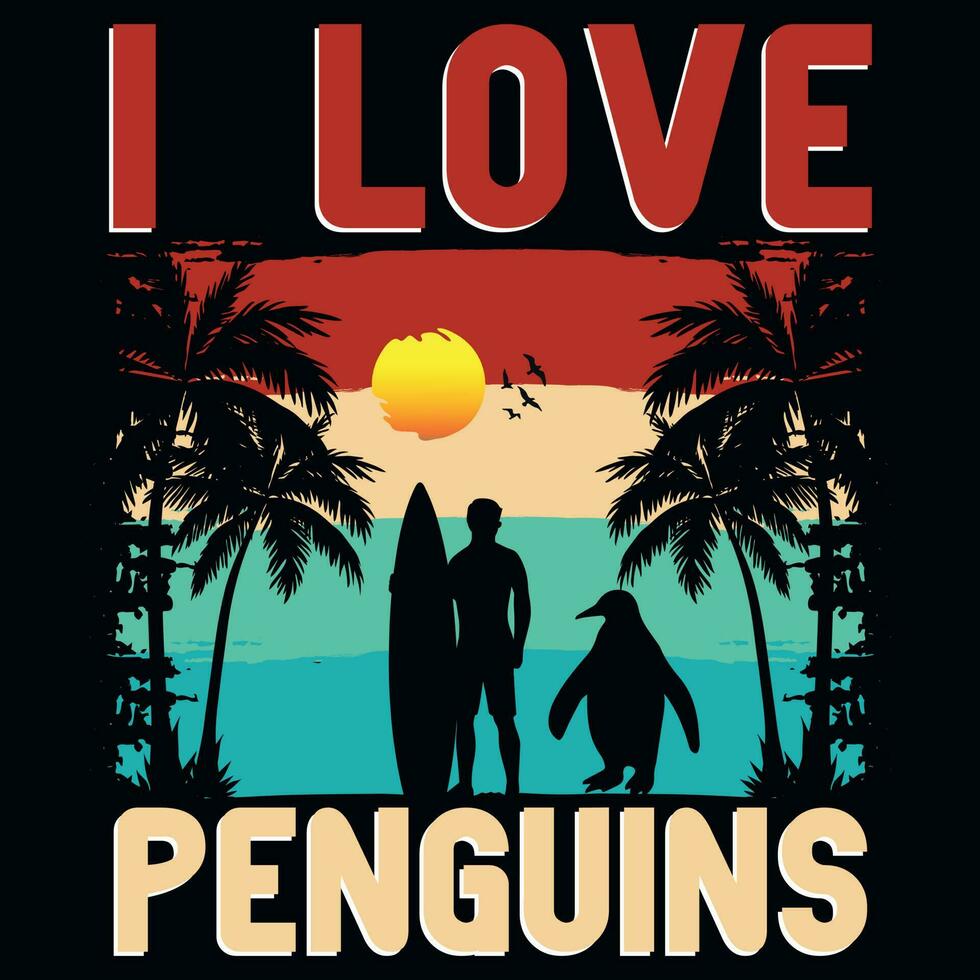ich Liebe Pinguine Sommer- Surfen T-Shirt Design vektor
