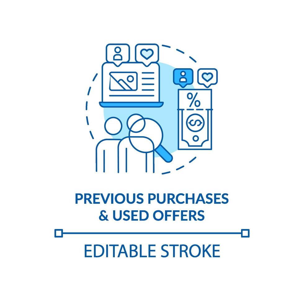 tidigare inköp och begagnade erbjudanden blå konceptikon vektor