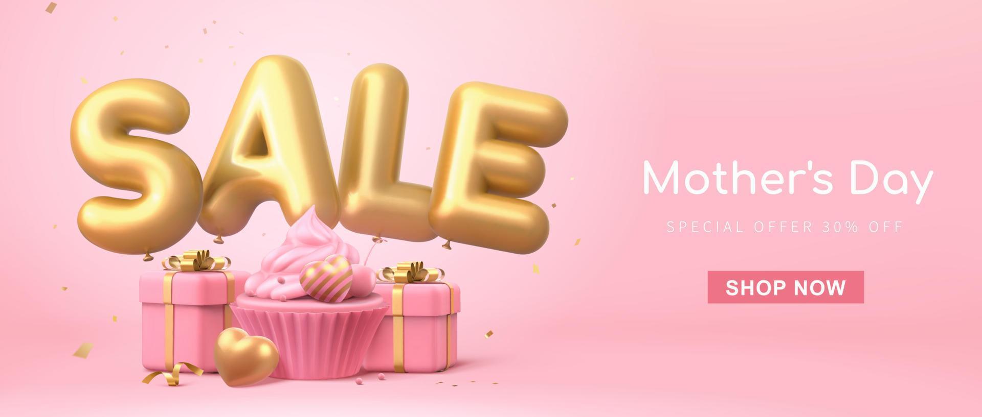 3d Netz Banner Vorlage zum Mutter Tag oder Valentinstag Tag. minimal Rosa Layout mit Verkauf Wort Luftballons, Tasse Kuchen und Geschenk Boxen. vektor