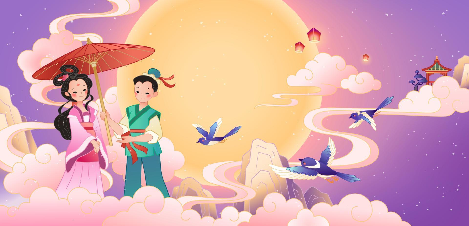 Qixi Festival Banner. Illustration von Kuhhirte halten ein Regenschirm zum Weber Mädchen im Vorderseite von das voll Mond vektor