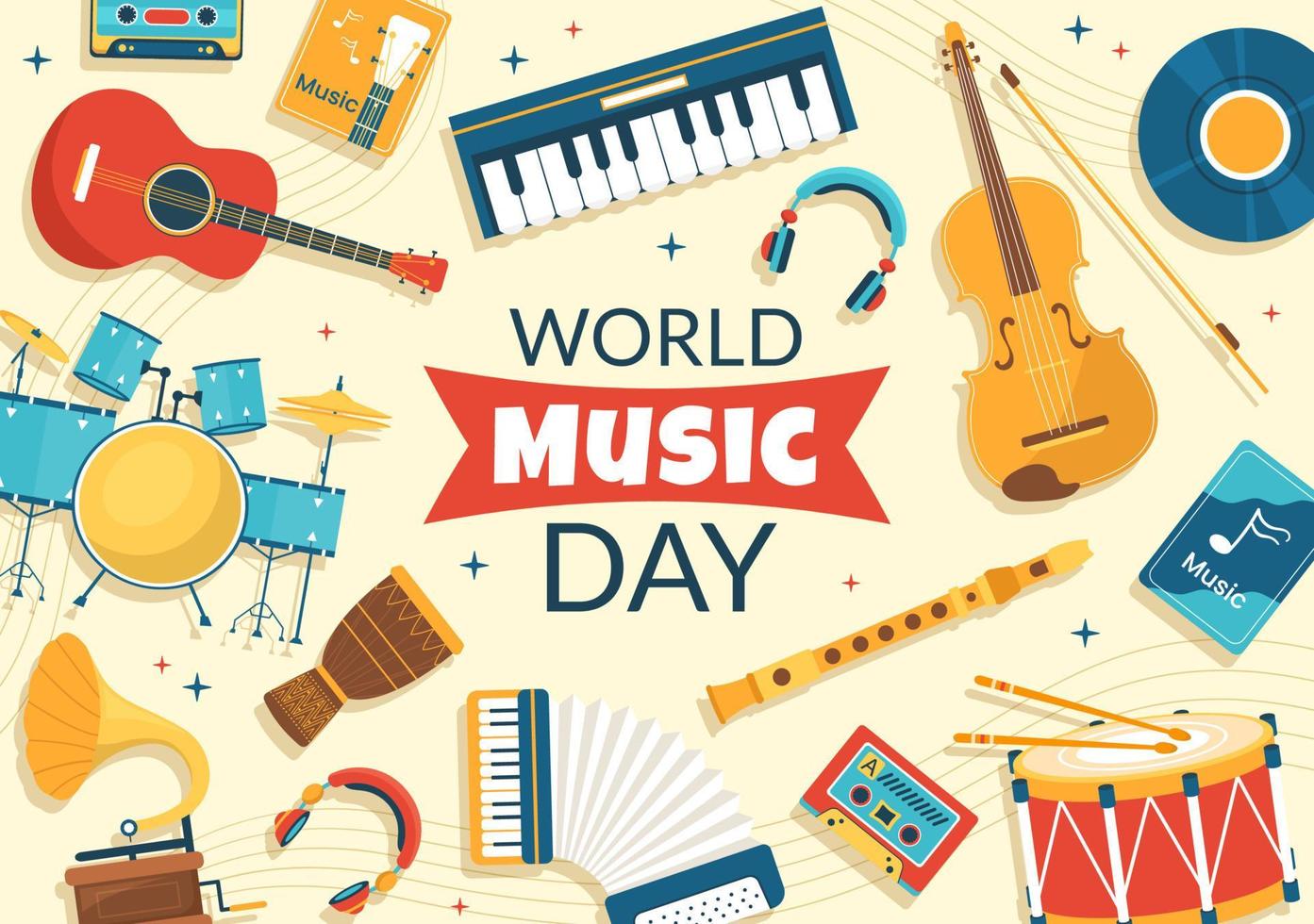 Welt Musik- Tag Illustration mit verschiedene Musical Instrumente und Anmerkungen im eben Karikatur Hand gezeichnet zum Veröffentlichung Poster oder Landung Seite Vorlagen vektor