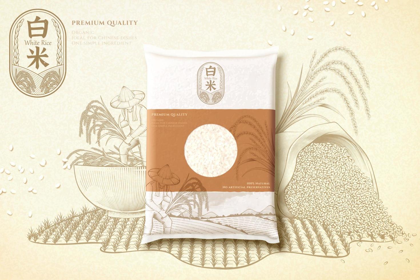 3d Reis Tasche spotten oben auf Gravur Reis Paddy Hintergrund. Jahrgang Anzeige Vorlage Eigenschaften gesund und organisch Bauernhof Produkte. vektor