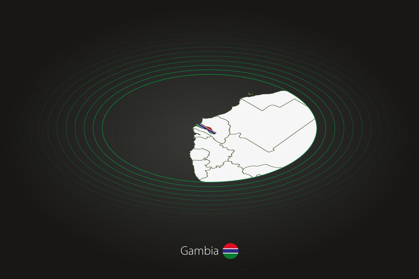 Gambia Karte im dunkel Farbe, Oval Karte mit benachbart Länder. vektor