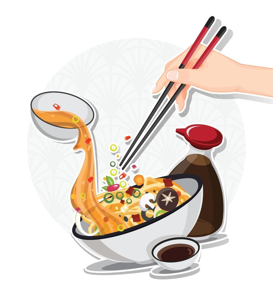 asiatisk nudelsoppa i skål, asiatisk mat, vektorillustration vektor