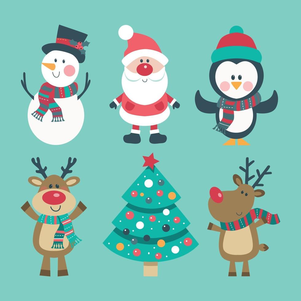 jul med snögubbe, pingvin, santa, rådjur och dekorerade träd vektor