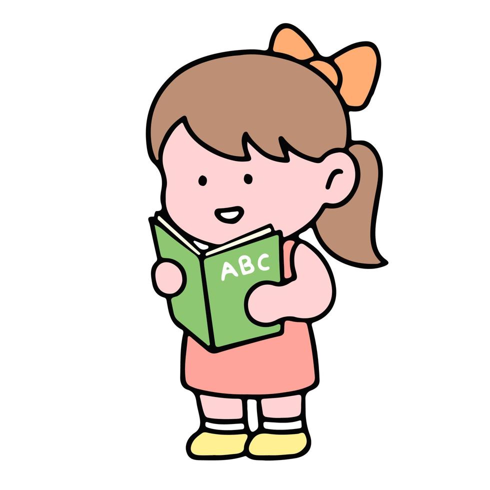 ein süß Mädchen Charakter, lesen ein Buch, studieren und tun Hausaufgaben, isoliert auf ein Hintergrund, zum ein zurück zur Schule Konzept. vektor