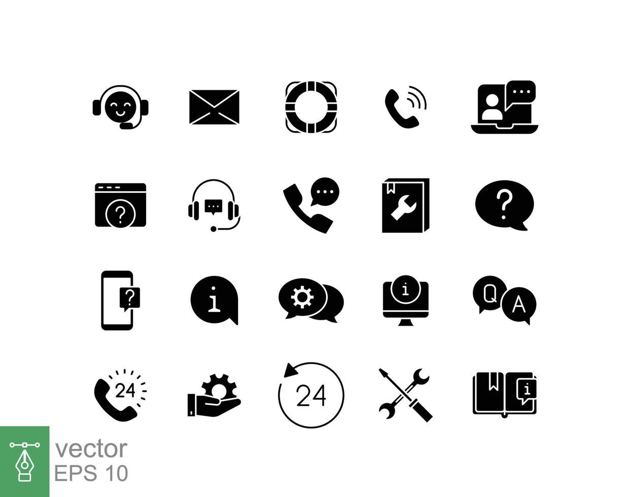 hjälp och Stöd glyf ikon uppsättning. enkel fast stil symbol för webb mall och app. uppkopplad service, ring upp Centrum, Kontakt telefon begrepp. vektor illustration isolerat på vit bakgrund. eps 10.