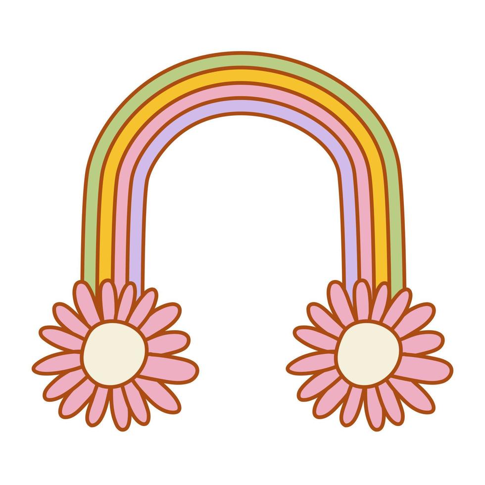 Hipster retro y2k Regenbogen mit Blumen. funky Illustration im Jahrgang Hippie Stil. vektor