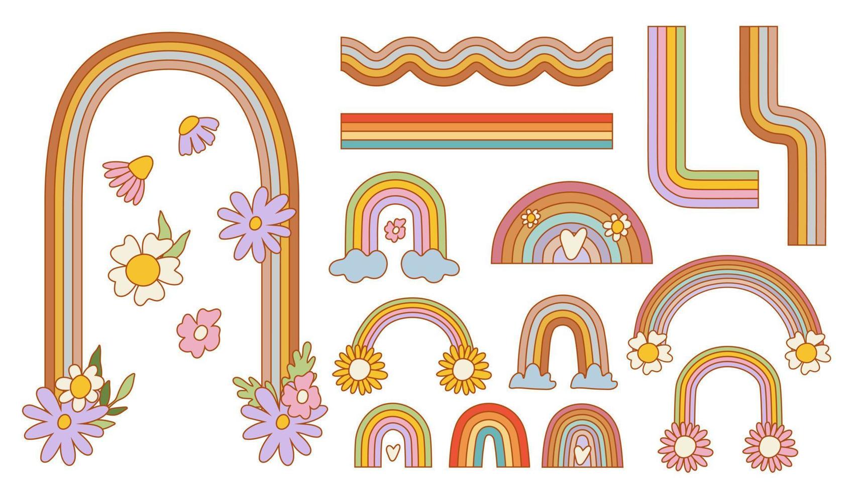 uppsättning av retro häftig regnbågar med blommor. skraj illustration i årgång hippie stil. vektor