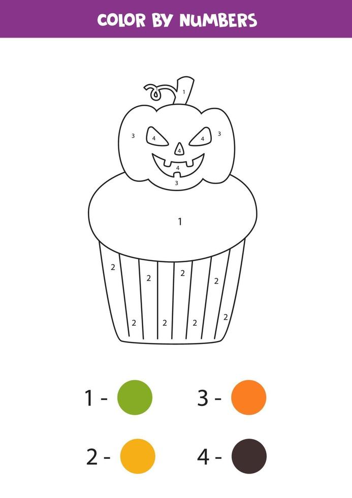 färgläggning spooky halloween cupcake med siffror. matematikspel. vektor