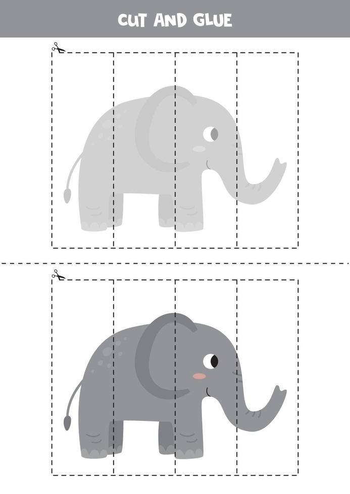 Spiel zum Schneiden und Kleben für Kinder. niedlicher grauer Elefant der Karikatur. vektor