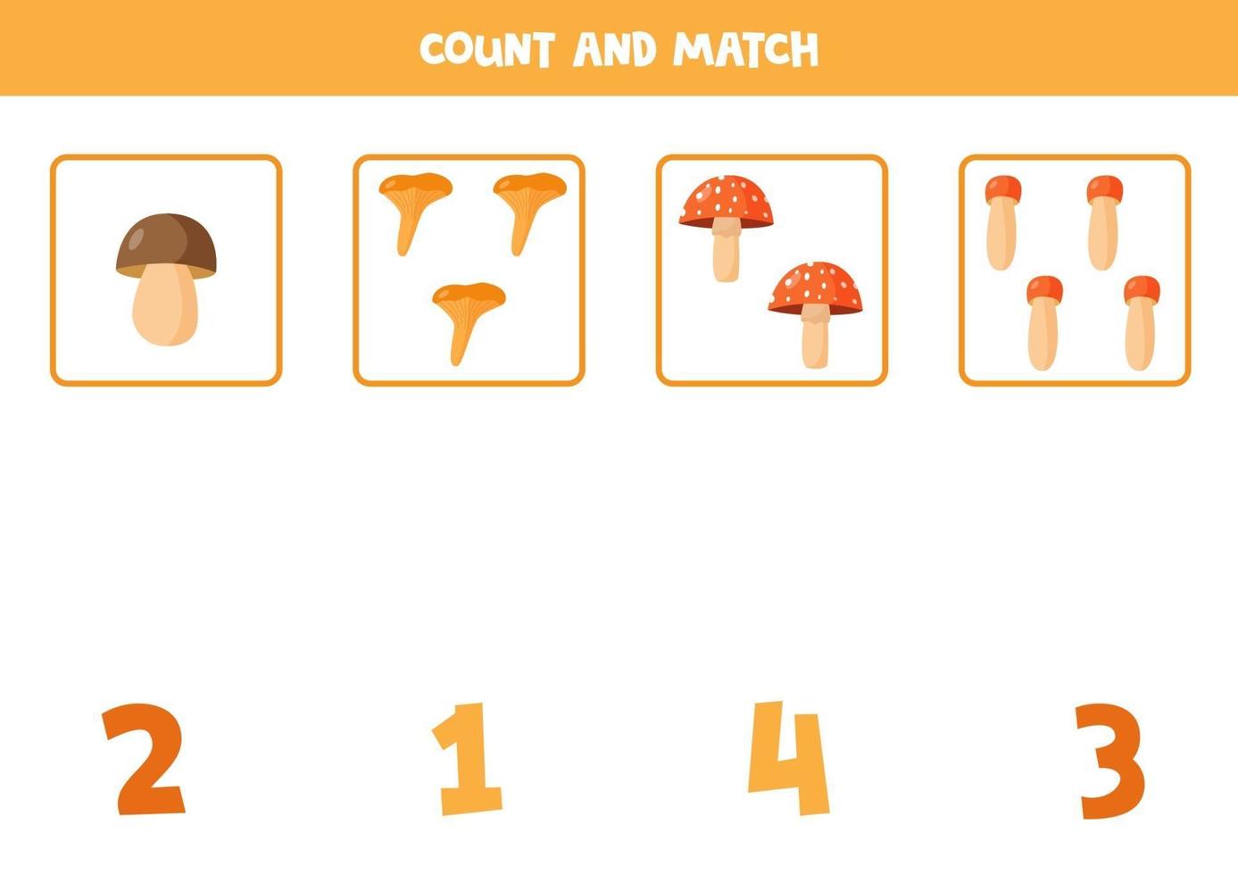 Zählspiel mit Cartoon Waldpilzen. Mathe-Arbeitsblatt vektor