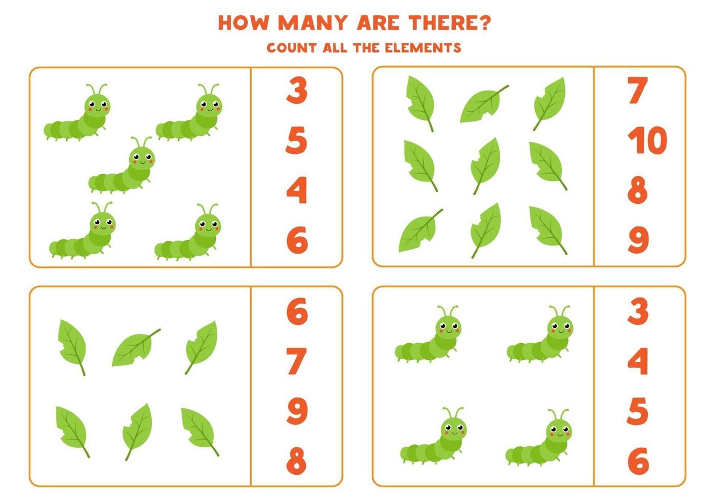 Zähle alle Raupen und Blätter. Mathe-Spiel. vektor