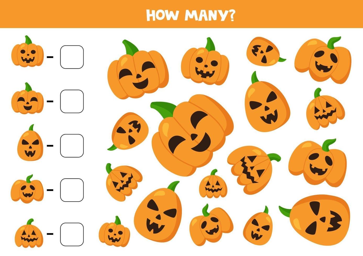 Zählen Sie Halloween-Kürbisse und schreiben Sie die Antworten auf. vektor