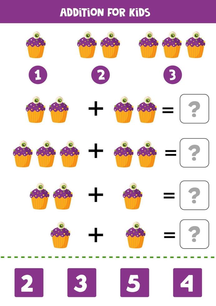 tillägg matematik spel med söta tecknade halloween cupcake. vektor