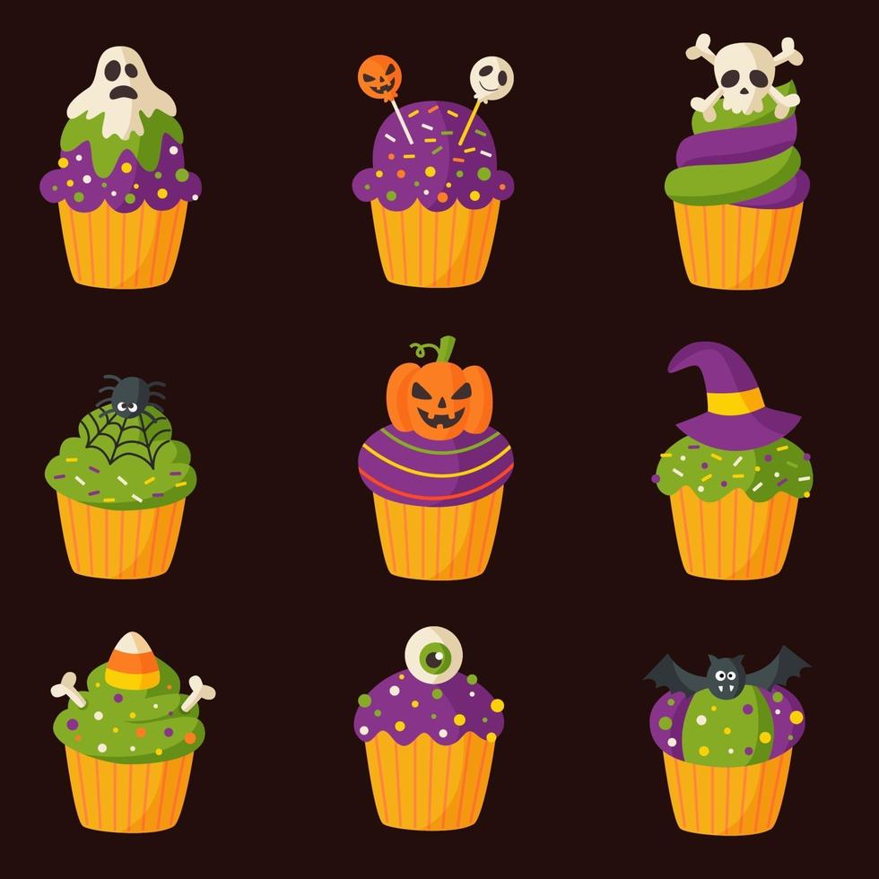 uppsättning spooky tecknade halloween muffins på isolerad bakgrund. vektor