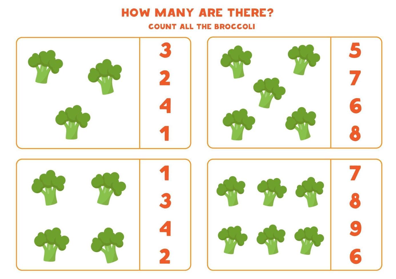 räkna mängden broccolis och cirkel rätt svar. vektor
