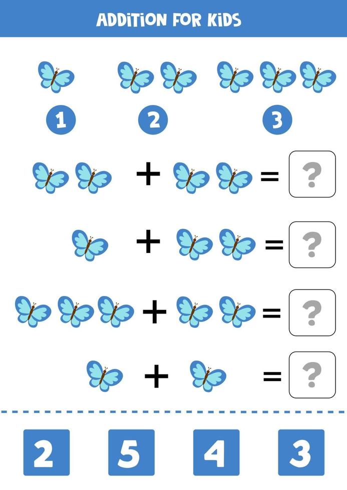 Zusatz mit niedlichen blauen Schmetterlingen. Mathe-Arbeitsblatt für Kinder. vektor