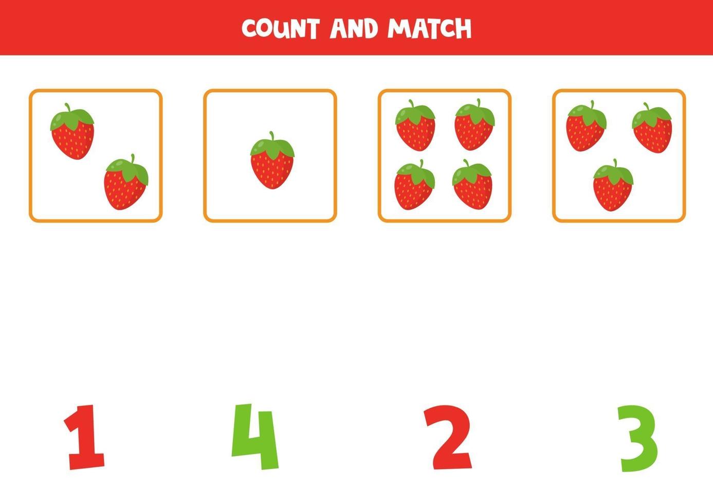Zähle süße Cartoon-Erdbeeren und stimme mit Zahlen überein. vektor
