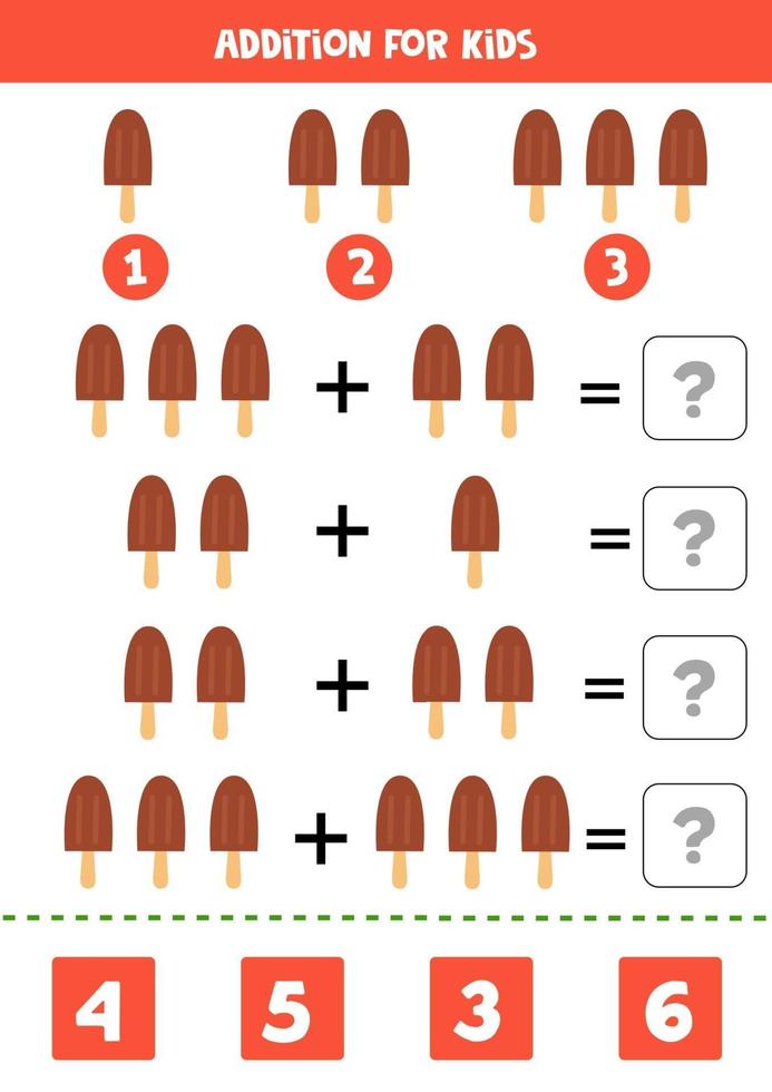 Zusätzlich mit süßem Cartoon-Eis. Mathe-Spiel. vektor