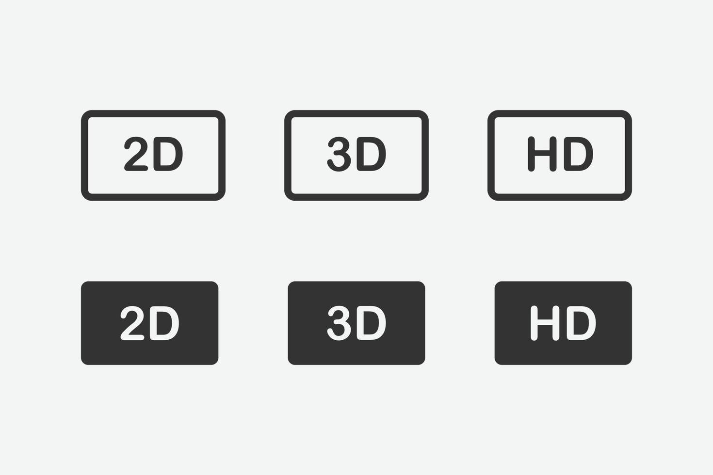 2d, 3d, hd Filmvektor flache Ikone. Umriss Film, Kino Vektor Symbol