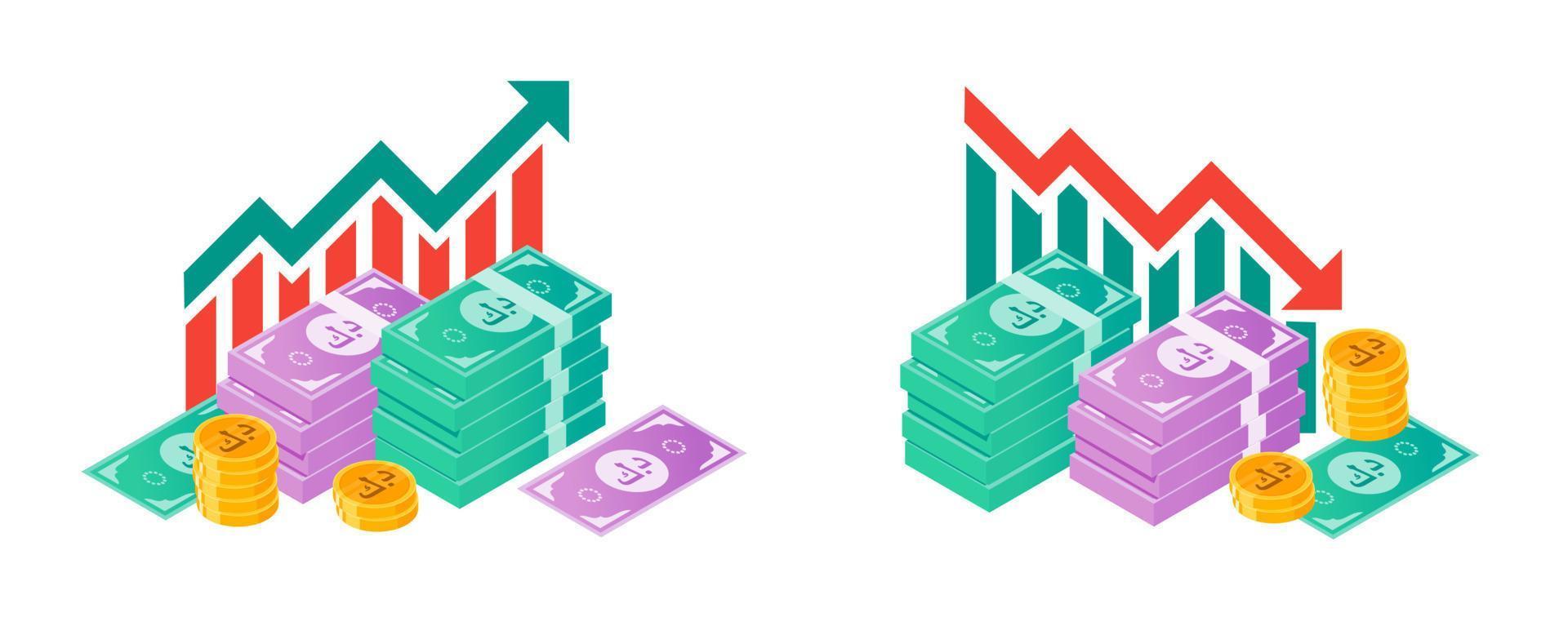 kuwaiti dinar värde upp och ner med pengar bunt illustrationer vektor