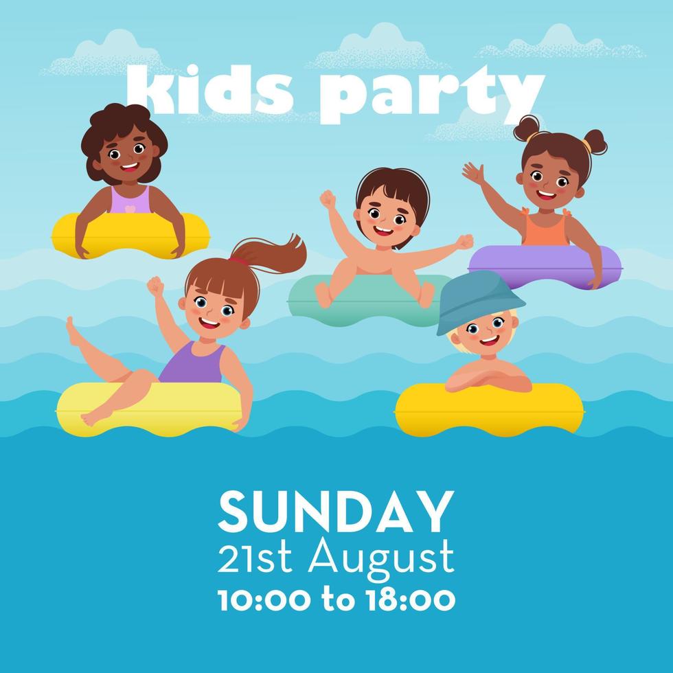 barn sommar fest posta med Lycklig barn simning på de sudd ringa. vektor illustration i tecknad serie platt stil