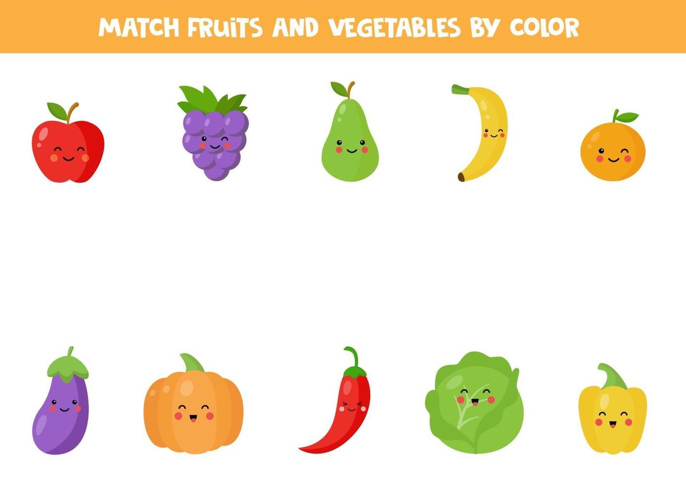 Farbanpassungsspiel mit niedlichen kawaii Früchten und Gemüse. vektor
