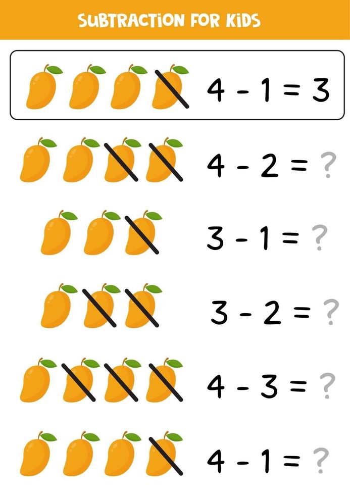 subtraktion med söt tecknad mango. matematikspel för barn. vektor