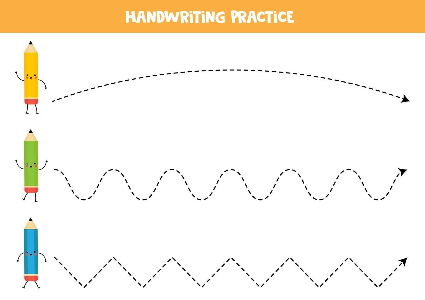 Linien mit niedlichen kawaii Stiften verfolgen. Lernspiel. vektor