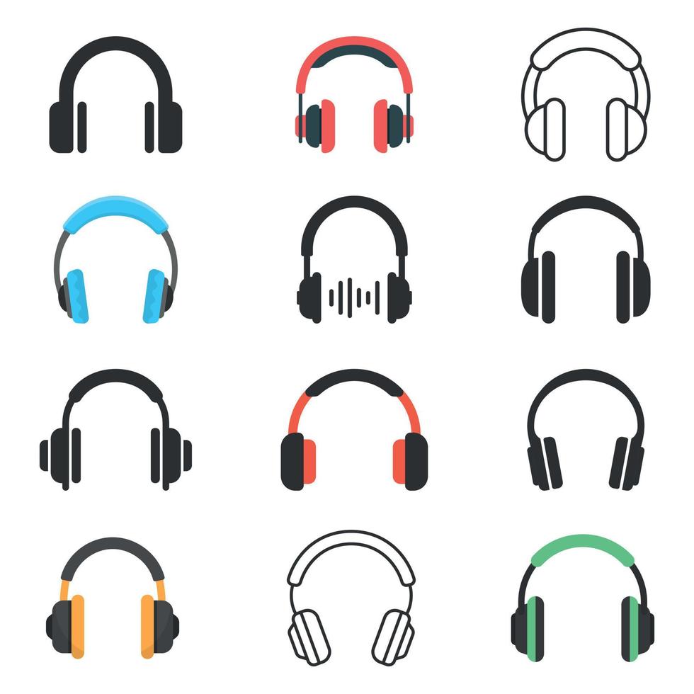Kopfhörer Symbole einstellen im eben Stil. Kopfhörer Vektor Illustration auf isoliert Hintergrund. Hör mal zu Musik- Zeichen Geschäft Konzept.