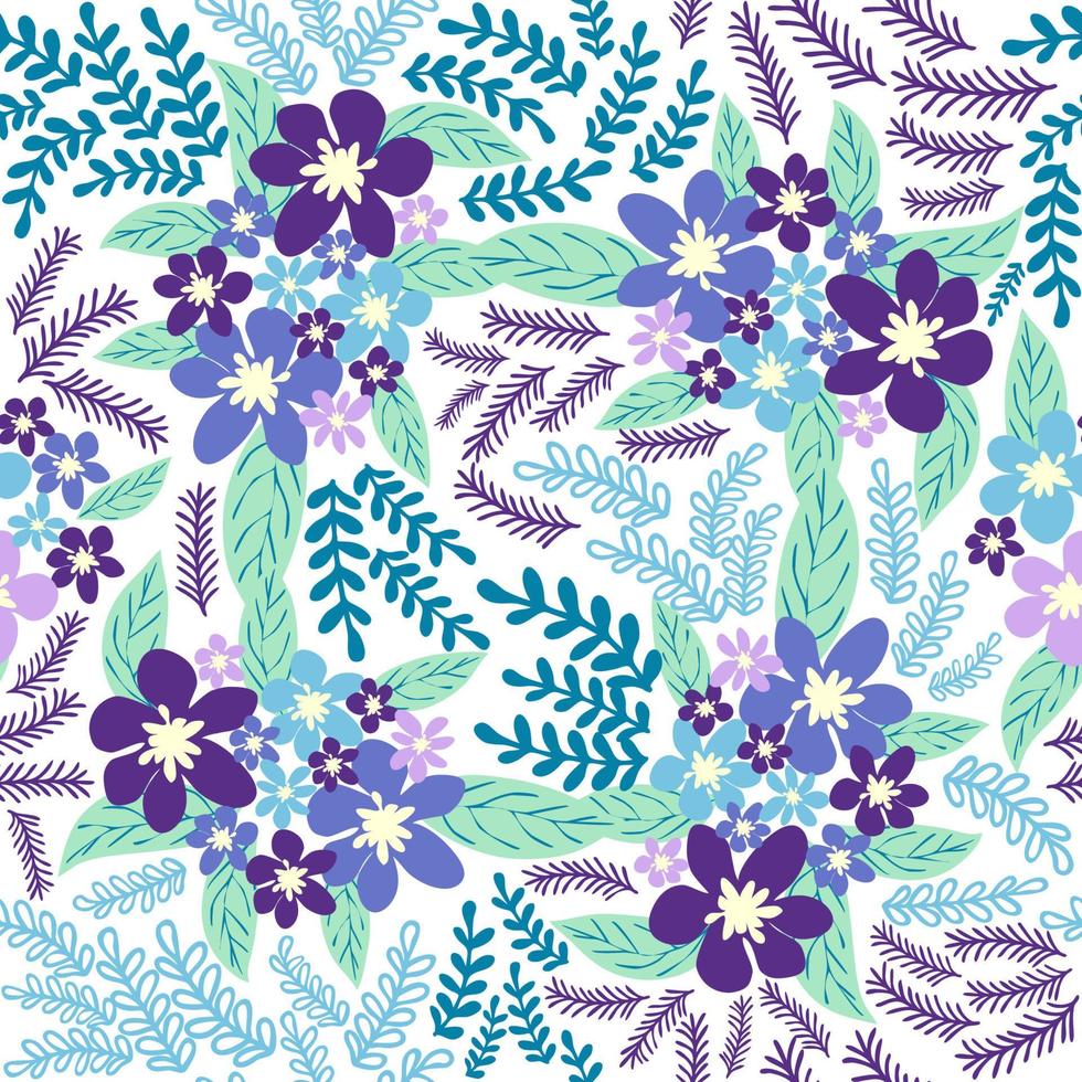 Fantasie nahtlos Blumen- Muster mit Blau, azurblau, tsmann, Lavendel Blumen und Blätter. elegant Vorlage zum Mode vektor