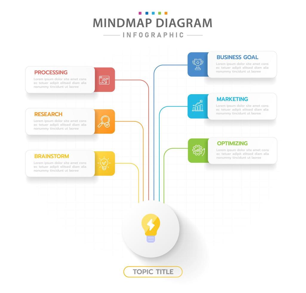 Infografik-Vorlage für Unternehmen. 6 Schritte modernes Mindmap-Diagramm mit rechteckigen Themen, Präsentationsvektor-Infografik. vektor