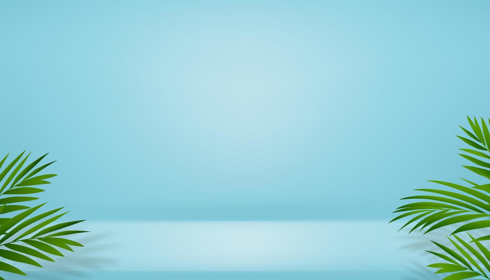 3d Studio Zimmer Anzeige mit Kokosnuss Palme Blatt und Schatten auf Blau Mauer Hintergrund, leer Galerie Zimmer mit Podium, Vektor Hintergrund Hintergrund Attrappe, Lehrmodell, Simulation zum Frühling Sommer Kosmetik, Produkt präsentieren, werben