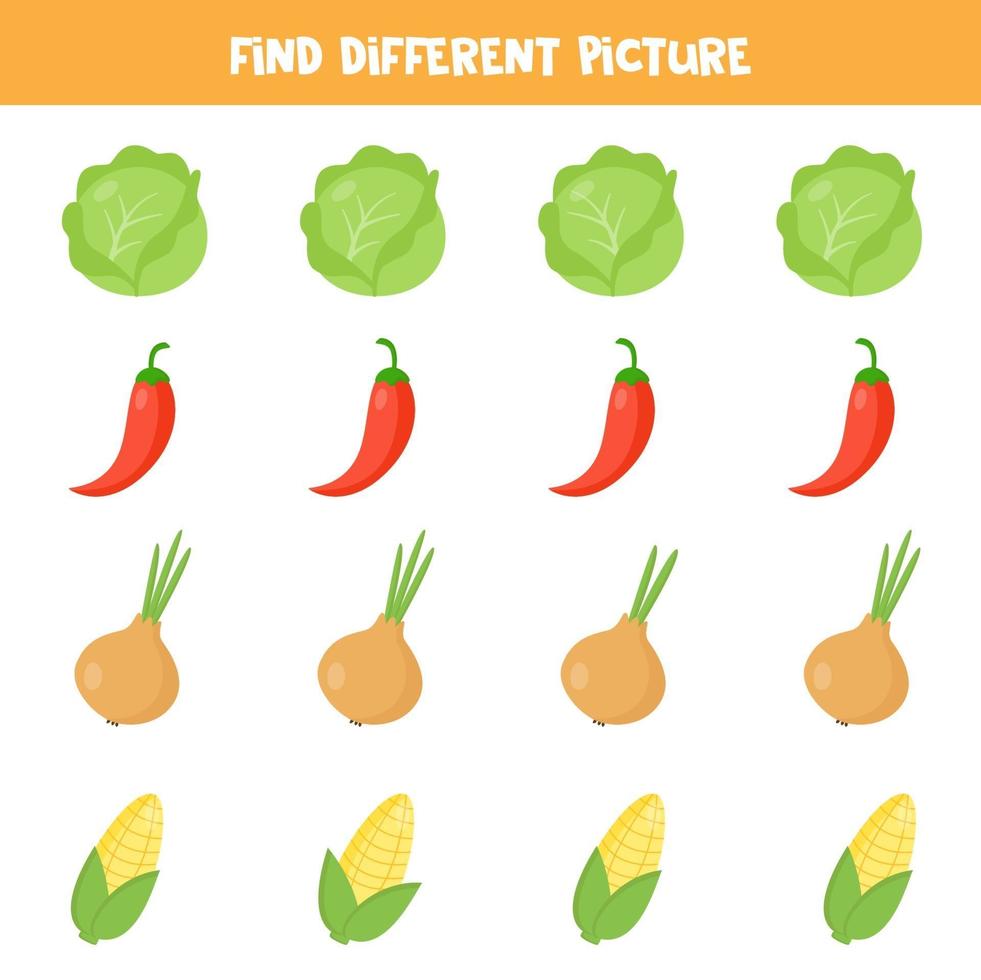 hitta olika bilder i varje rad. uppsättning färgglada grönsaker. vektor