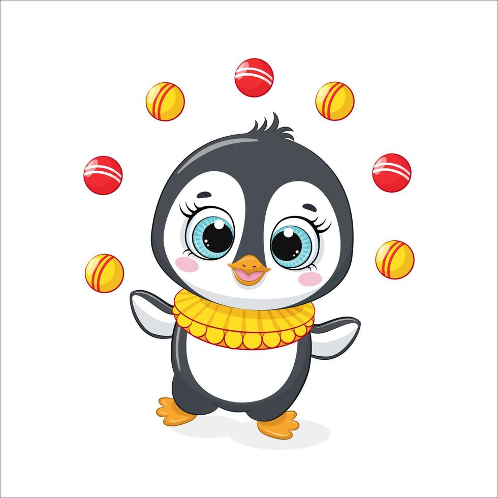 söt pingvin jonglerar i de cirkus. vektor illustration av en tecknad serie.