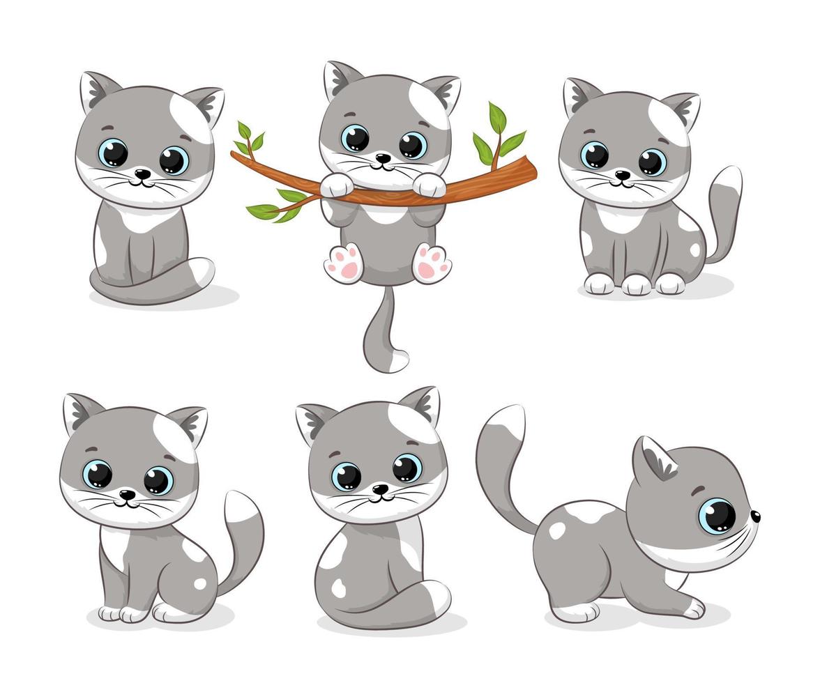 en samling av söt grå katter. vektor illustration av en tecknad serie.