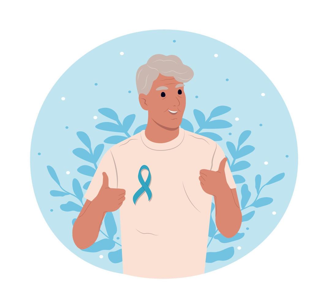 äldre man och en symbol av herr hälsa. platt vektor illustration. juni 11 - värld prostata cancer dag. prostata cancer medvetenhet band med.