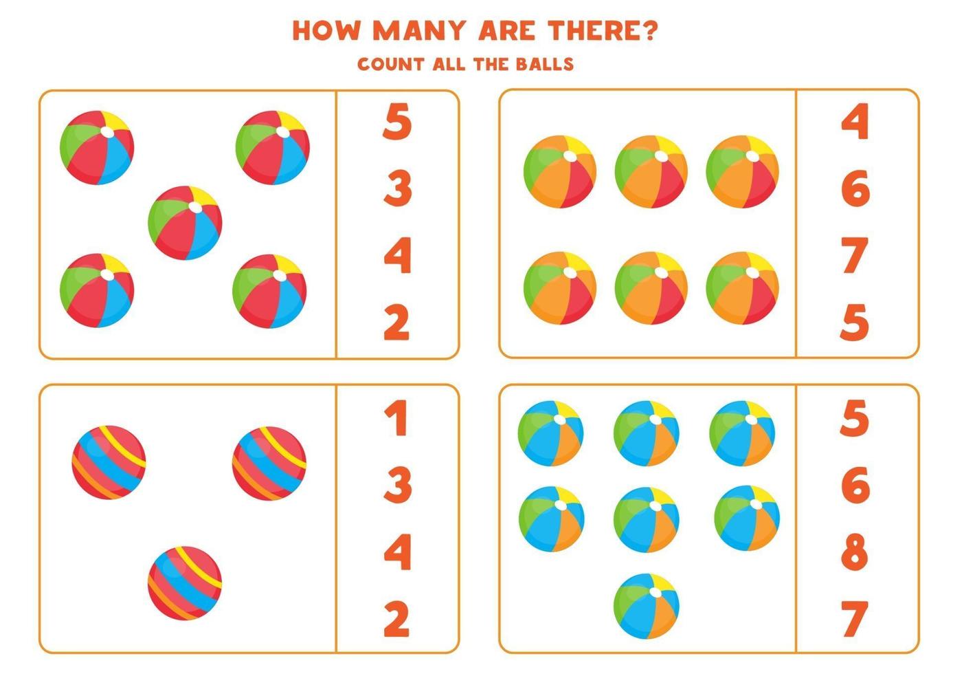 Zählspiel für Kinder. süße Cartoon Spielzeugkugeln. vektor