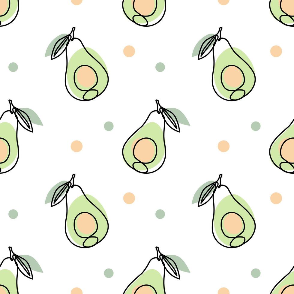 nahtlos Muster, Kontur tropisch Avocados mit farbig Flecken auf ein Weiß Hintergrund. Pastell- Farben. minimal modern Design. Obst Hintergrund, Vektor